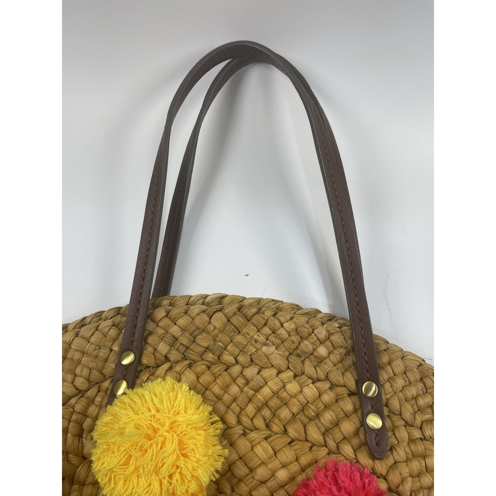 Sam Edelman Straw Yarn Multicolor Pom Poms Beach Bohemian Boho Casual Bag Tote - Picture 5 of 14